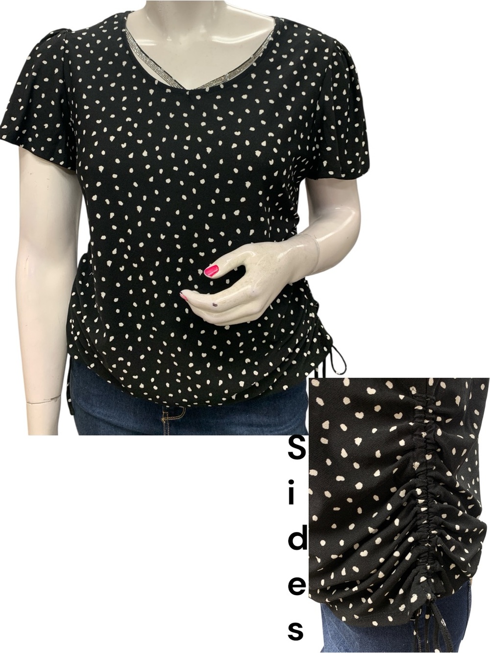 Como Blu Polka Dot Short-Sleeve V-Neck Top - Black/White Size Xl